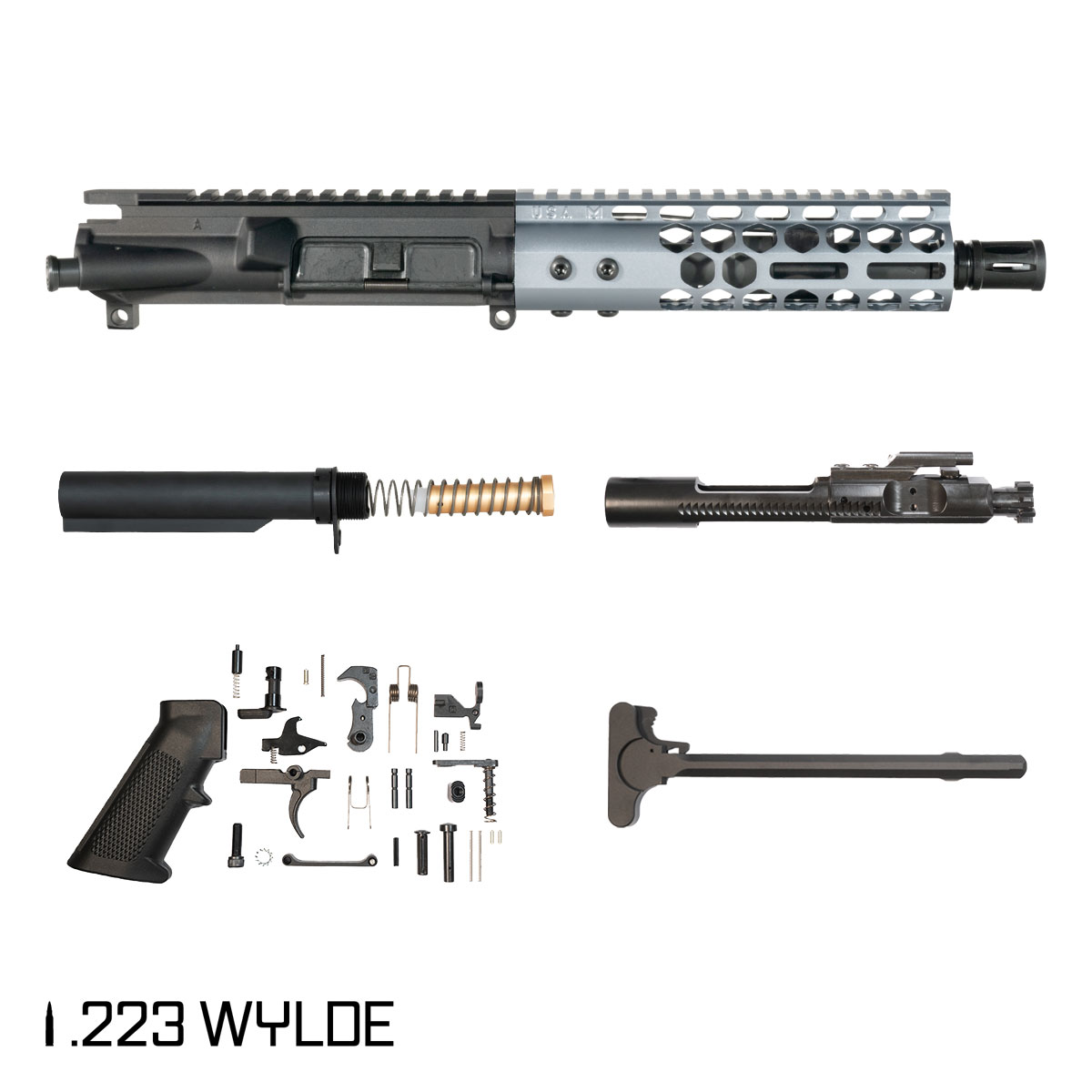 Davidson Defense Lightshow Anodized Grey 7.5-inch Pistol-Gas 1:7 .223 Wylde AR-15 Freefloat M-Lok Handguard Pistol Full Build Kit, SBR Ready