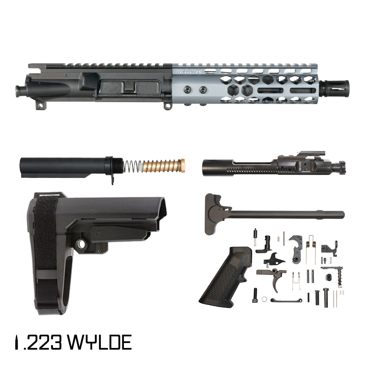 Davidson Defense Lightshow Anodized Grey w/SBA3 Brace 7.5-inch Pistol-Gas 1:7 .223 Wylde AR-15 Freefloat M-Lok Handguard Pistol Full Build Kit