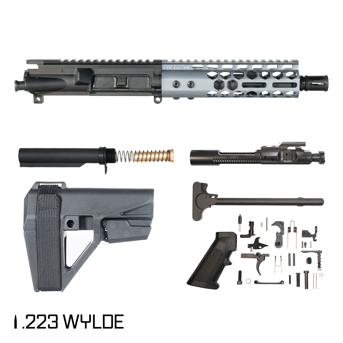 Davidson Defense Lightshow Anodized Grey w/SBA5 Brace 7.5-inch Pistol-Gas 1:7 .223 Wylde AR-15 Freefloat M-Lok Handguard Pistol Full Build Kit
