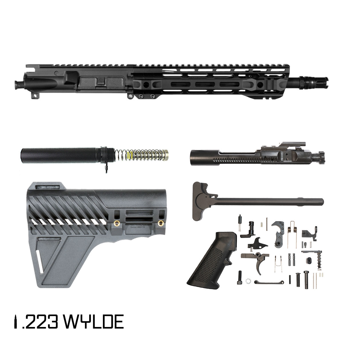 Whisper w/Gauntlet Arms Brace 11.5-inch Carbine-Gas 1:8 223 Wylde AR-15 M-Lok Pistol Full Build Kit, Plan B Trident Flash Hider