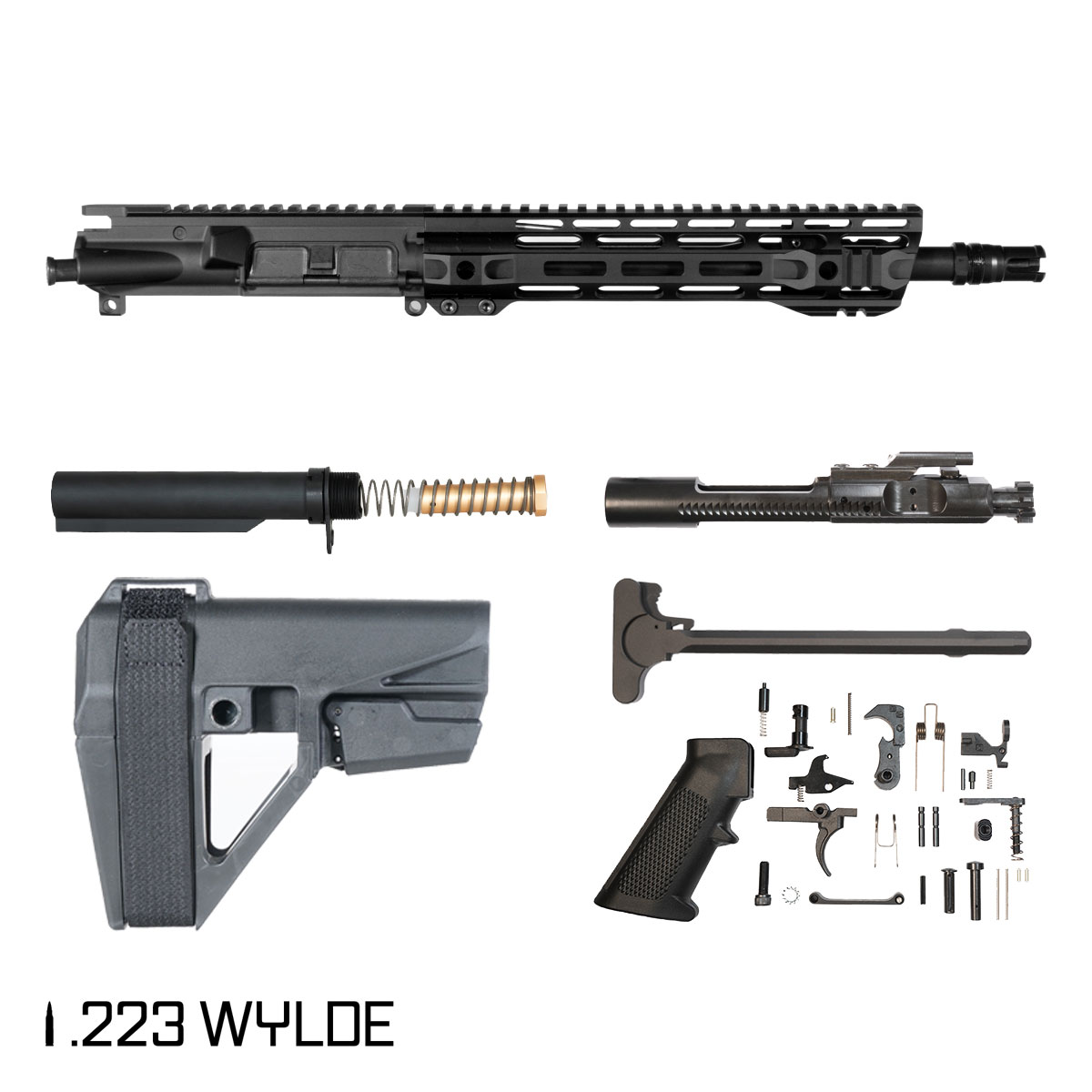 Davidson Defense Whisper w/SBA5 Brace 11.5-inch Carbine-Gas 1:8 223 Wylde AR-15 M-Lok Pistol Full Build Kit, Plan B Trident Flash Hider