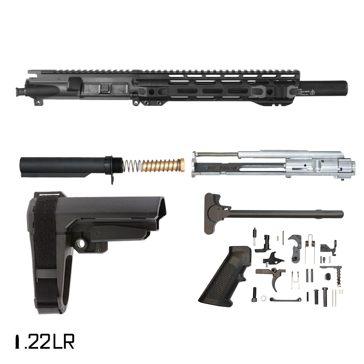 Davidson Defense Holdfast w/SBA3 Brace 9-inch .22 LR AR-15 Freefloat M-Lok Handguard Pistol Full Build Kit, Teardrop .22LR Suppressor