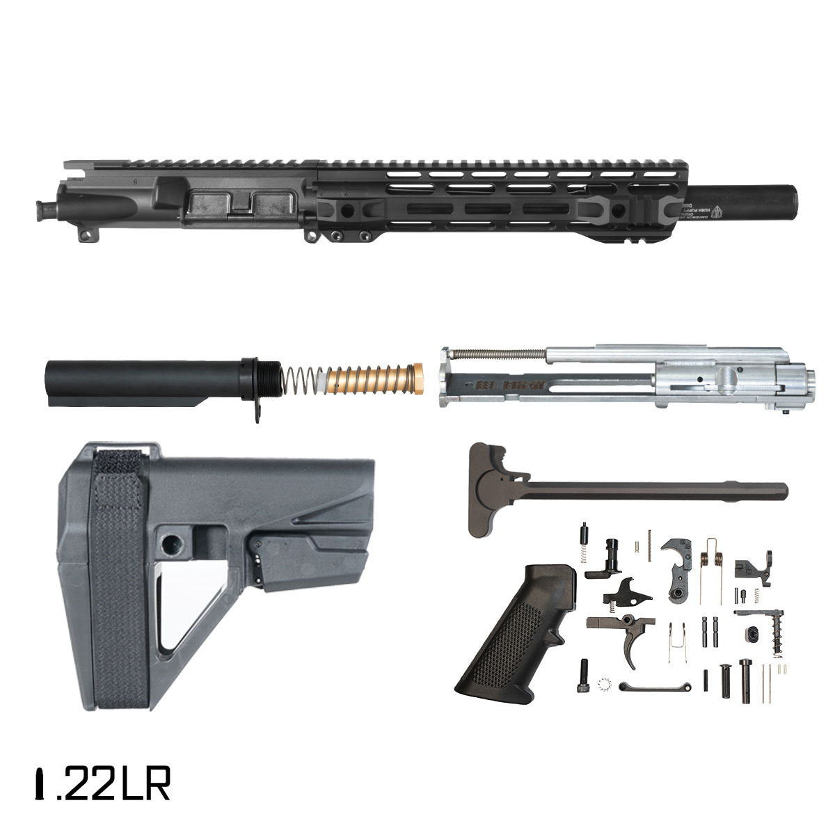 Davidson Defense Holdfast w/SBA5 Brace 9-inch .22 LR AR-15 Freefloat M-Lok Handguard Pistol Full Build Kit, Teardrop .22LR Suppressor