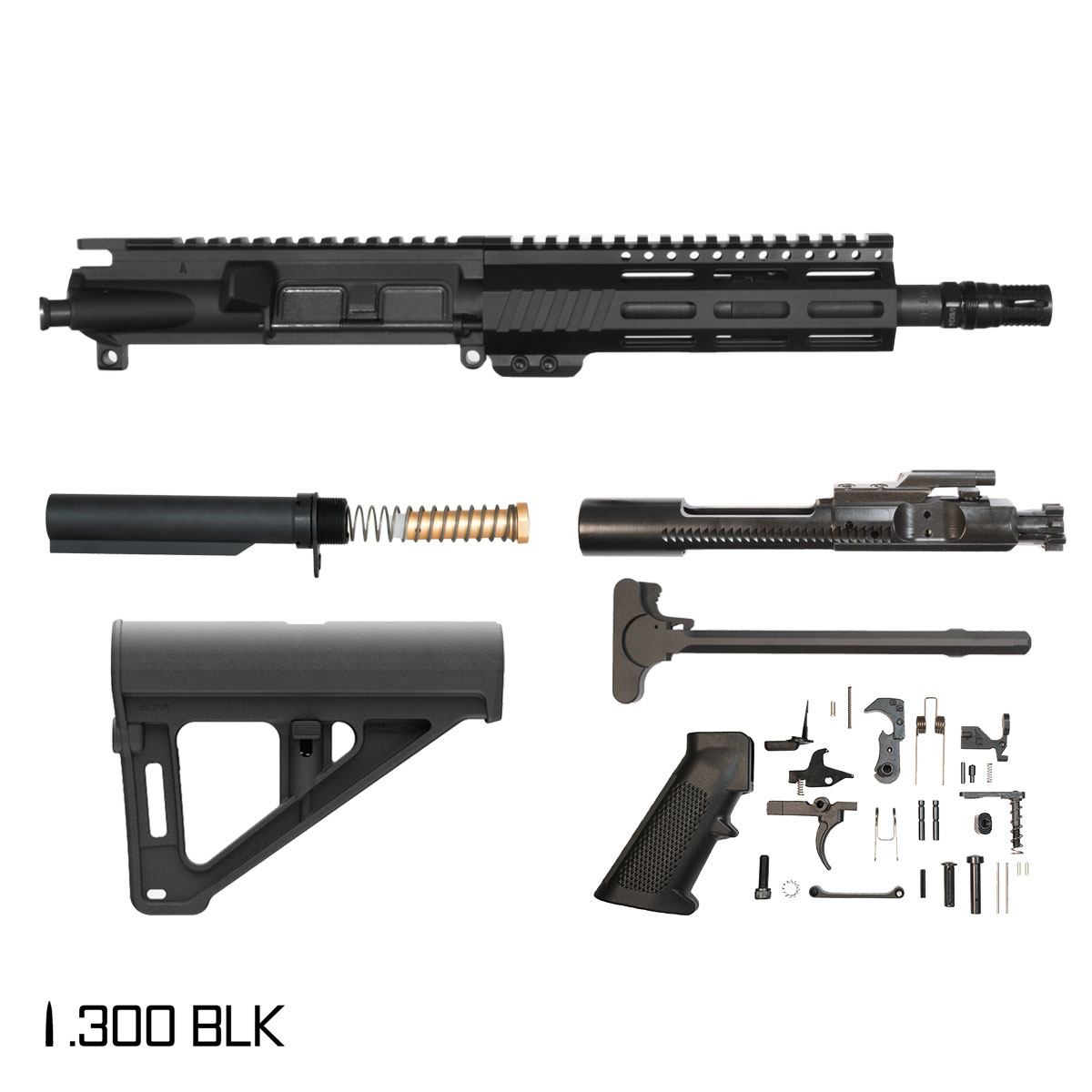 Davidson Defense Aegis w/Magpul BTR Brace 8.5-inch Pistol-Gas 1:9 .300 BLK AR-15 Freefloat M-Lok Handguard Pistol Full Build Kit, KAK Industry Plan B A7 Flash Hider