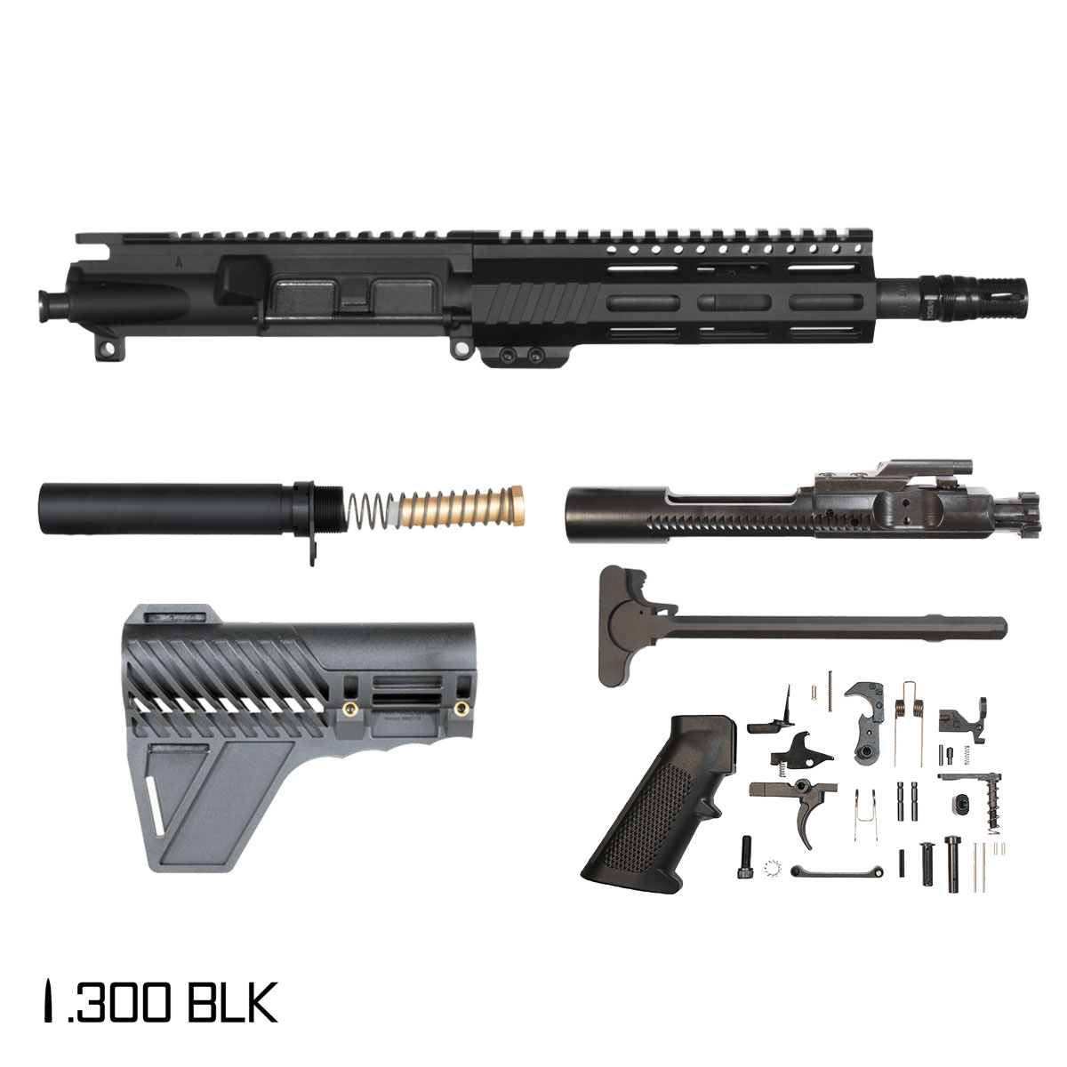 Davidson Defense Aegis w/Gauntlet Arms Brace 8.5-inch Pistol-Gas 1:9 .300 BLK AR-15 Freefloat M-Lok Handguard Pistol Full Build Kit, KAK Industry Plan B A7 Flash Hider