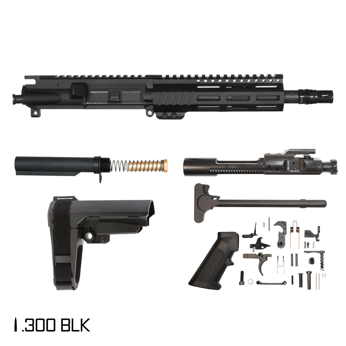 Davidson Defense Aegis w/SBA3 Brace 8.5-inch Pistol-Gas 1:9 .300 BLK AR-15 Freefloat M-Lok Handguard Pistol Full Build Kit, KAK Industry Plan B A7 Flash Hider