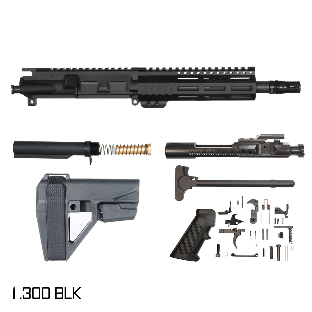 Davidson Defense Aegis w/SBA5 Brace 8.5-inch Pistol-Gas 1:9 .300 BLK AR-15 Freefloat M-Lok Handguard Pistol Full Build Kit, KAK Industry Plan B A7 Flash Hider