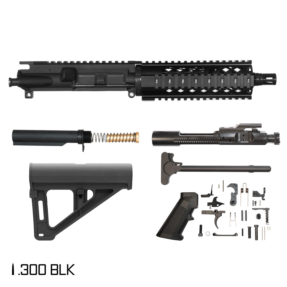 Davidson Defense Meteoric Ore w/Magpul BTR Brace 7.5-inch Pistol-Gas 1:8 .300 BLK AR-15 Freefloat Quad-Rail Handguard Pistol Full Build Kit, KAK Industry Plan B A7 Flash Hider