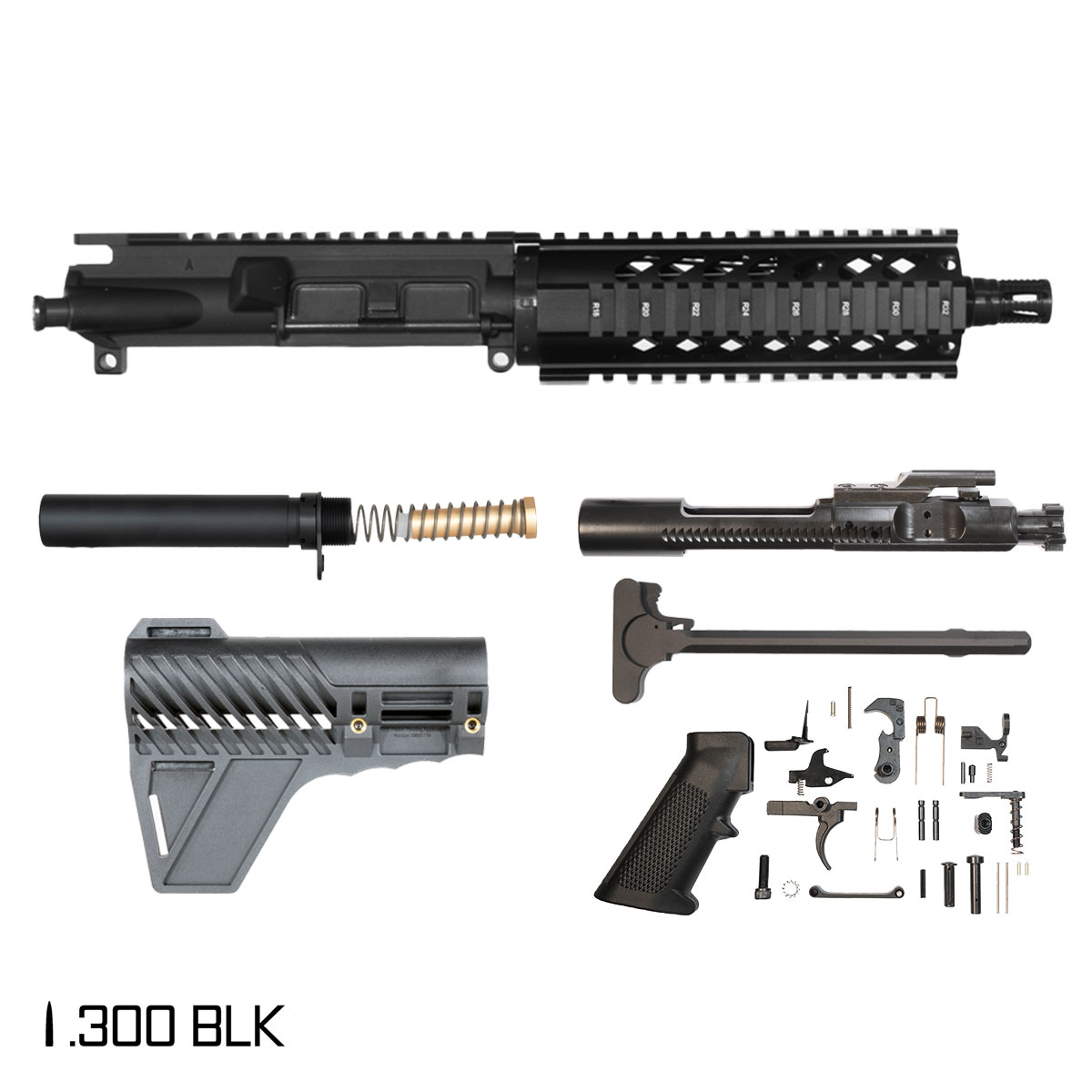 Davidson Defense Meteoric Ore w/Gauntlet Arms Brace 7.5-inch Pistol-Gas 1:8 .300 BLK AR-15 Freefloat Quad-Rail Handguard Pistol Full Build Kit, KAK Industry Plan B A7 Flash Hider