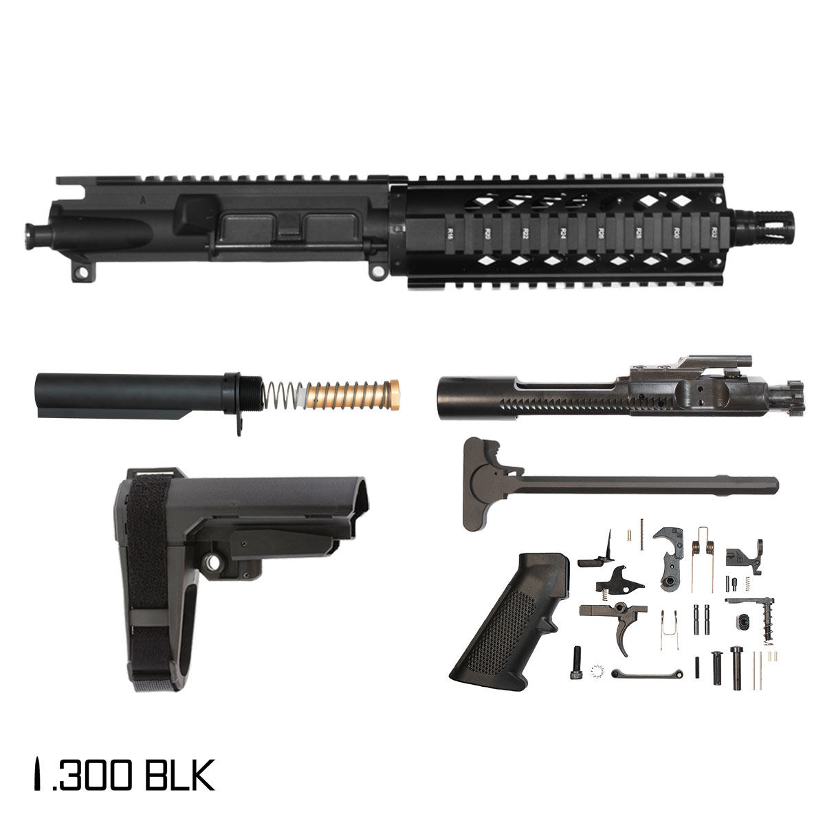 Davidson Defense Meteoric Ore w/SBA3 Brace 7.5-inch Pistol-Gas 1:8 .300 BLK AR-15 Freefloat Quad-Rail Handguard Pistol Full Build Kit, KAK Industry Plan B A7 Flash Hider