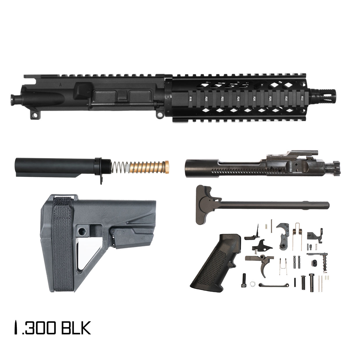 Davidson Defense Meteoric Ore w/SBA5 Brace 7.5-inch Pistol-Gas 1:8 .300 BLK AR-15 Freefloat Quad-Rail Handguard Pistol Full Build Kit, KAK Industry Plan B A7 Flash Hider
