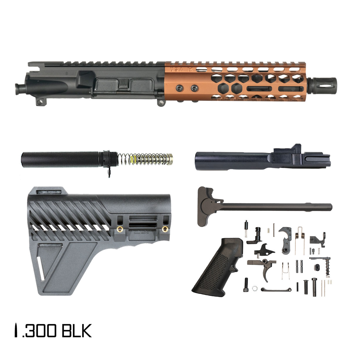 Davidson Defense Lightshow Anodized Bronze w/Gauntlet Arms Brace 7.5-inch Pistol-Gas 1:8 .300 BLK AR-15 Freefloat M-Lok Handguard Pistol Full Build Kit