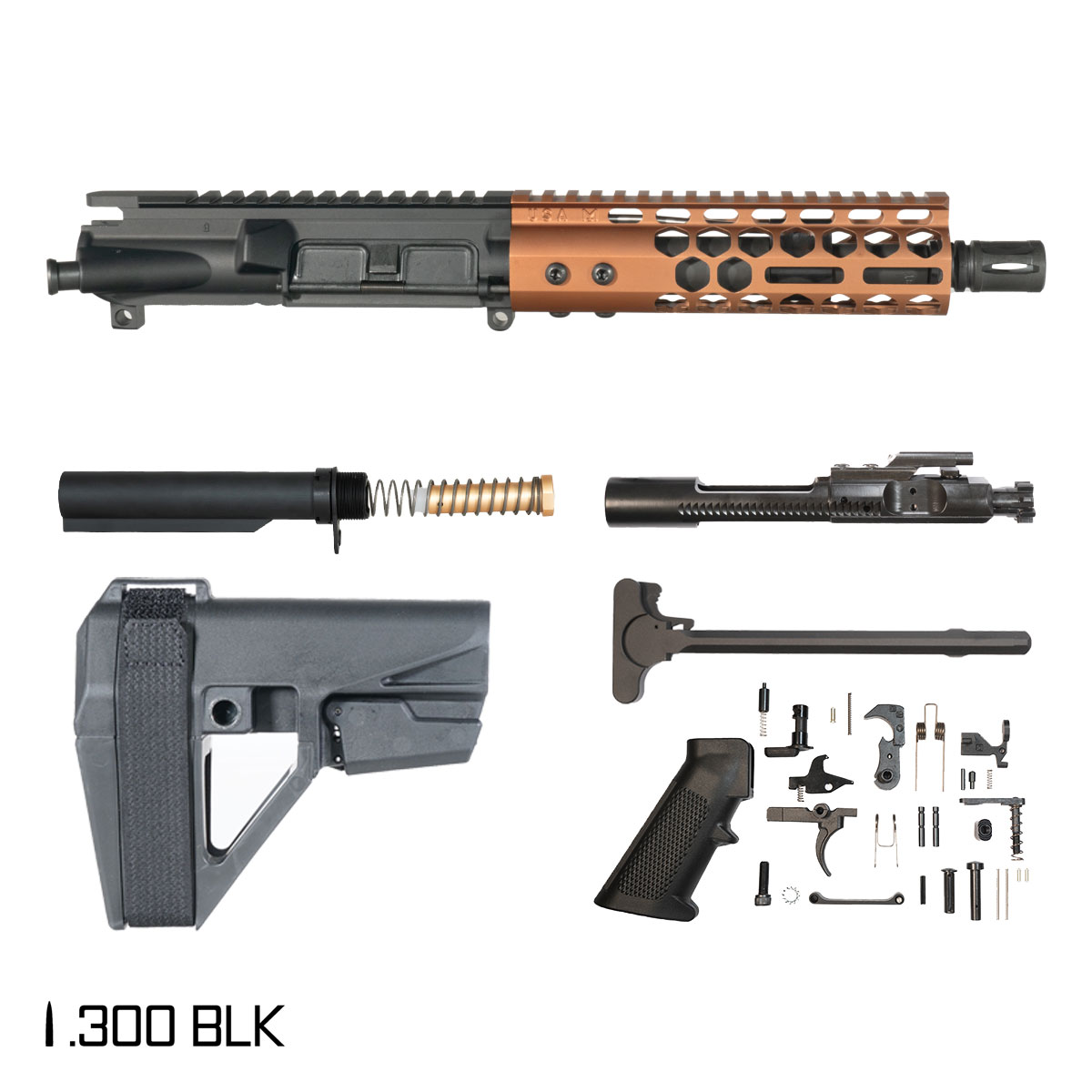 Davidson Defense Lightshow Anodized Bronze w/SBA5 Brace 7.5-inch Pistol-Gas 1:8 .300 BLK AR-15 Freefloat M-Lok Handguard Pistol Full Build Kit