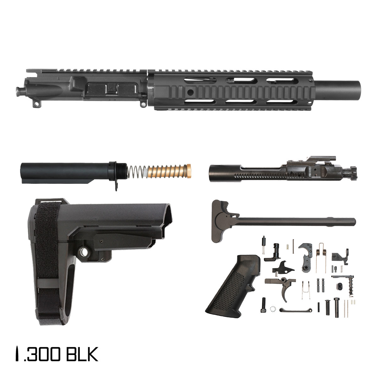Davidson Defense Enterprise w/SBA3 Brace 7.5-inch Pistol-Gas 1:8 .300 BLK AR-15 Freefloat Quad-Rail Handguard Pistol Full Build Kit