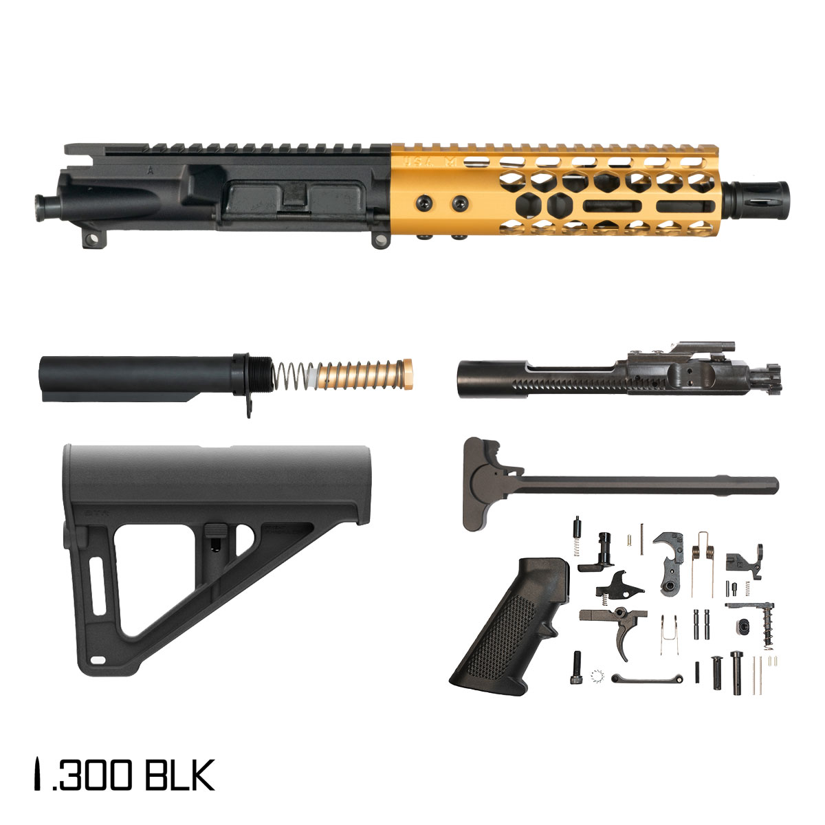 Davidson Defense Lightshow Anodized Gold w/Magpul BTR Brace 7.5-inch Pistol-Gas 1:8 .300 BLK AR-15 Freefloat M-Lok Handguard Pistol Full Build Kit