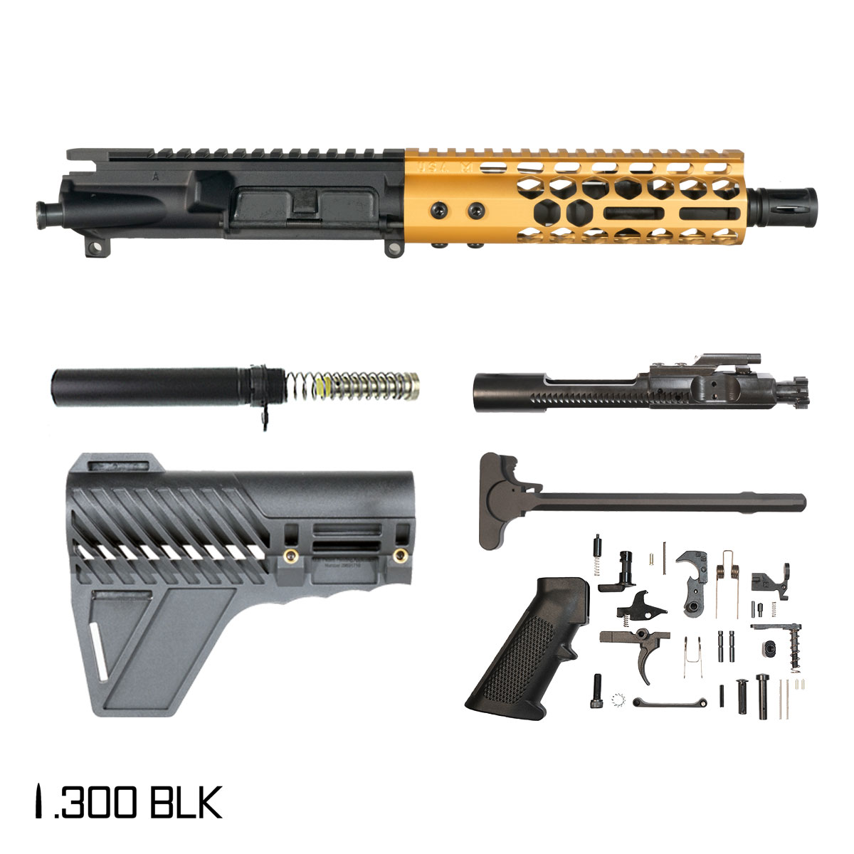 Davidson Defense Lightshow Anodized Gold w/Gauntlet Arms Brace 7.5-inch Pistol-Gas 1:8 .300 BLK AR-15 Freefloat M-Lok Handguard Pistol Full Build Kit