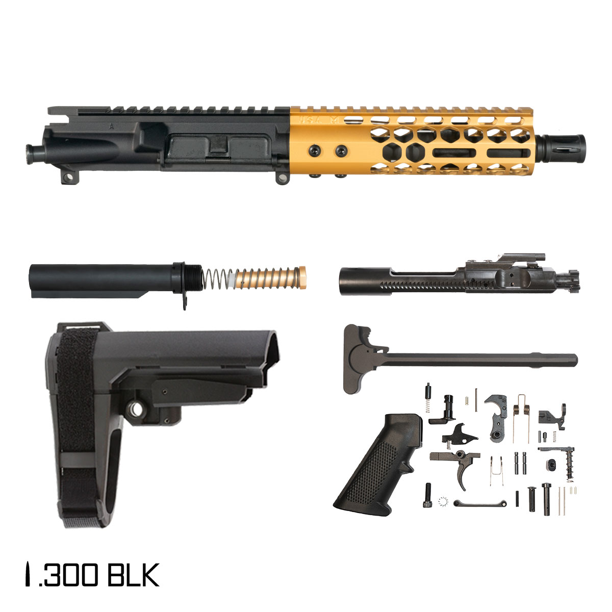 Davidson Defense Lightshow Anodized Gold w/SBA3 Brace 7.5-inch Pistol-Gas 1:8 .300 BLK AR-15 Freefloat M-Lok Handguard Pistol Full Build Kit