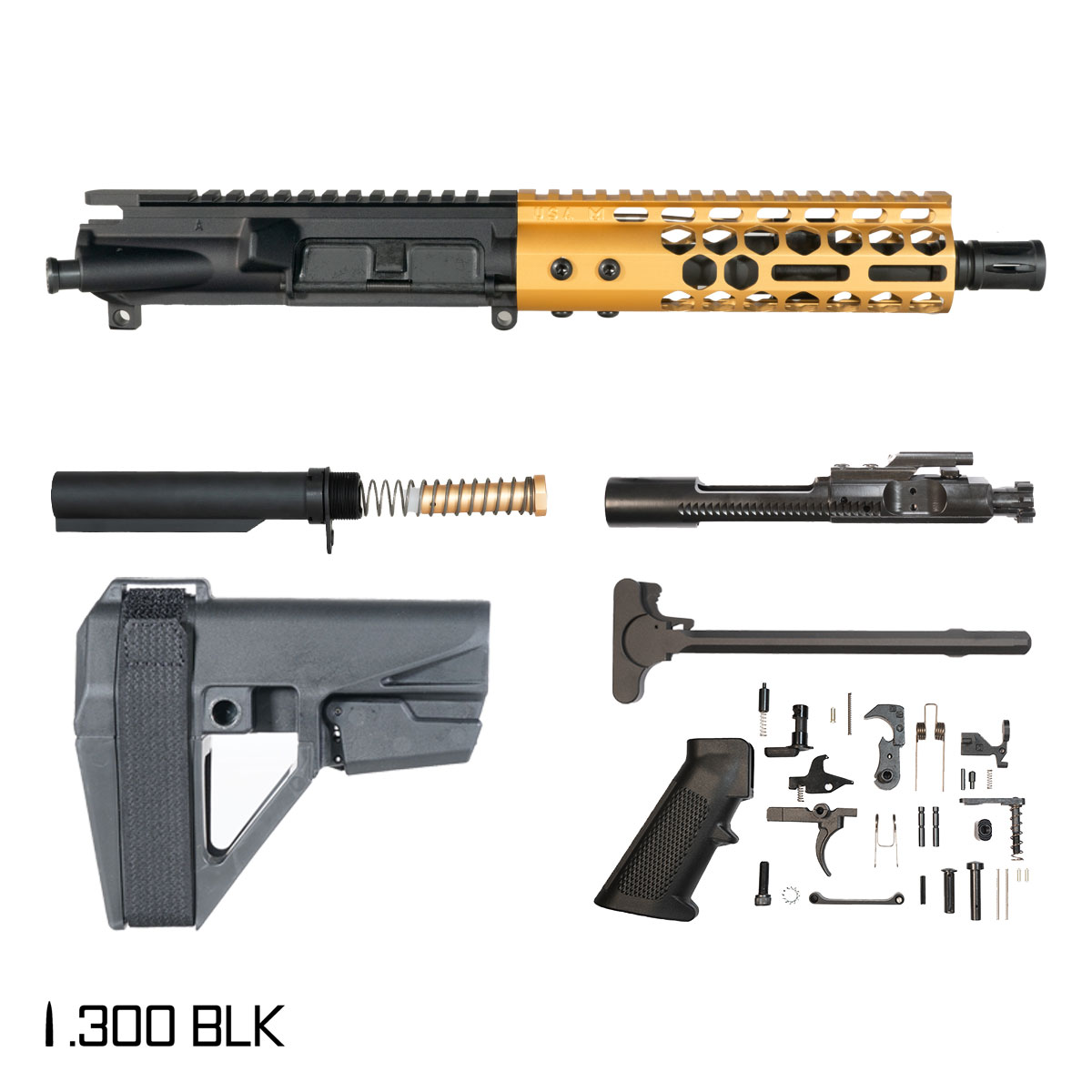 Davidson Defense Lightshow Anodized Gold w/SBA5 Brace 7.5-inch Pistol-Gas 1:8 .300 BLK AR-15 Freefloat M-Lok Handguard Pistol Full Build Kit