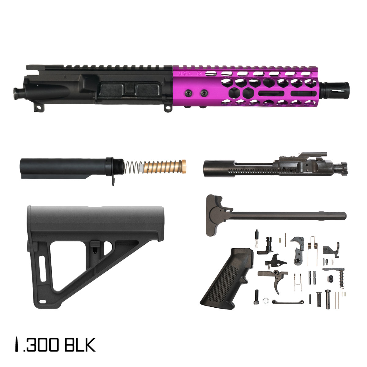 Davidson Defense Lightshow Anodized Purple w/Magpul BTR Brace 7.5-inch Pistol-Gas 1:8 .300 BLK AR-15 Freefloat M-Lok Handguard Pistol Full Build Kit