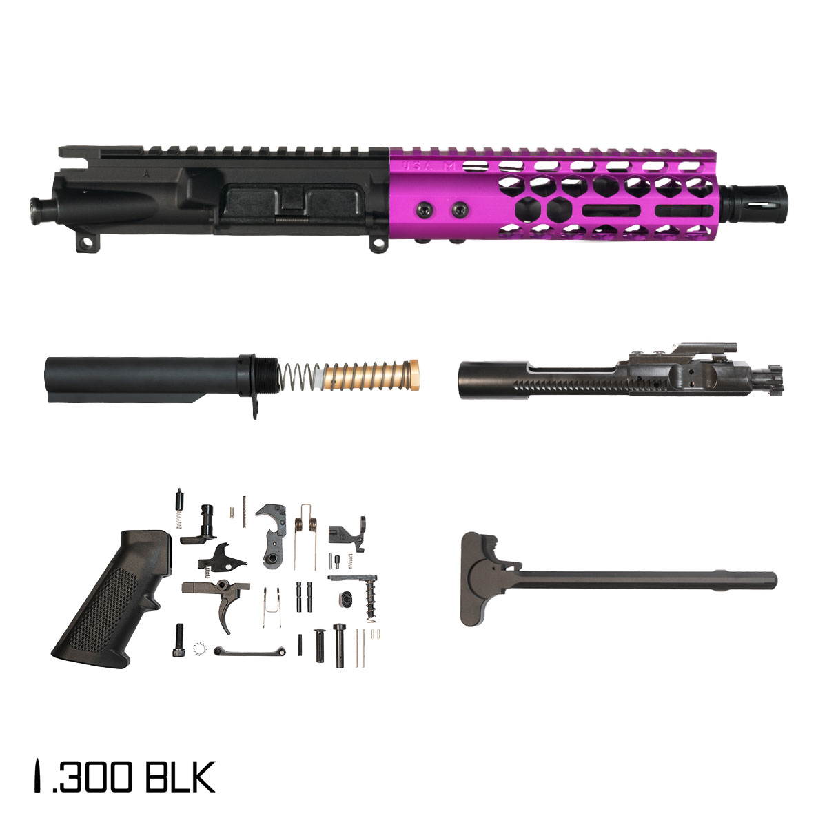Davidson Defense Lightshow Anodized Purple 7.5-inch Pistol-Gas 1:8 .300 BLK AR-15 Freefloat M-Lok Handguard Pistol Full Build Kit, SBR Ready