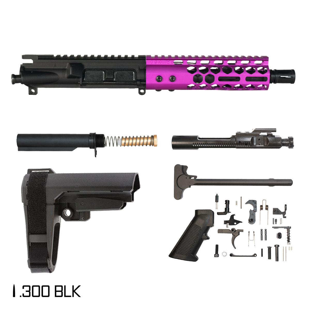 Davidson Defense Lightshow Anodized Purple w/SBA3 Brace 7.5-inch Pistol-Gas 1:8 .300 BLK AR-15 Freefloat M-Lok Handguard Pistol Full Build Kit