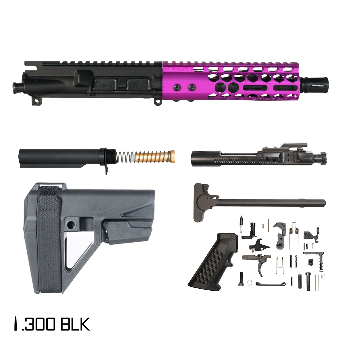 Davidson Defense Lightshow Anodized Purple w/SBA5 Brace 7.5-inch Pistol-Gas 1:8 .300 BLK AR-15 Freefloat M-Lok Handguard Pistol Full Build Kit