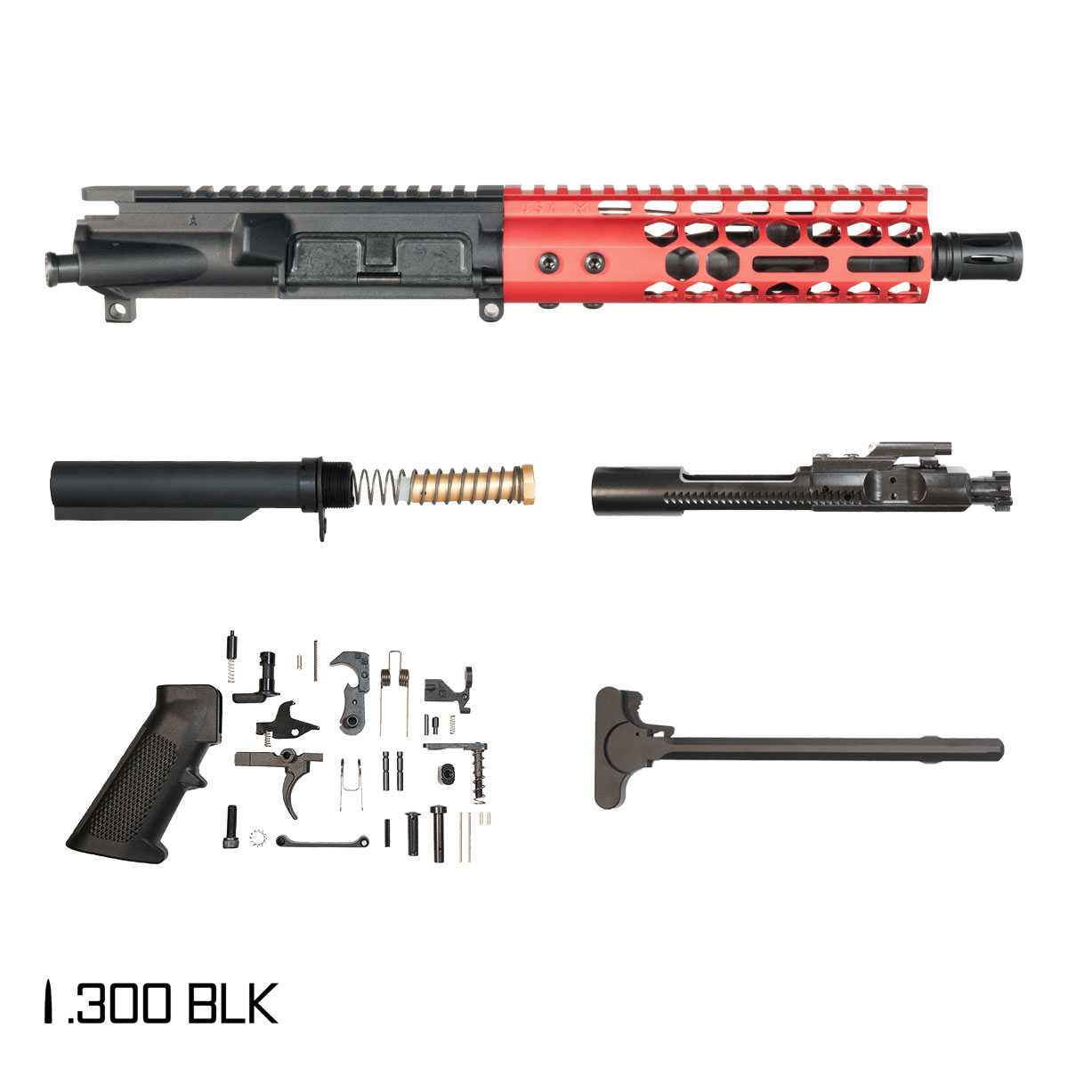 Davidson Defense Lightshow Anodized Red 7.5-inch Pistol-Gas 1:8 .300 BLK AR-15 Freefloat M-Lok Handguard Pistol Full Build Kit, SBR Ready