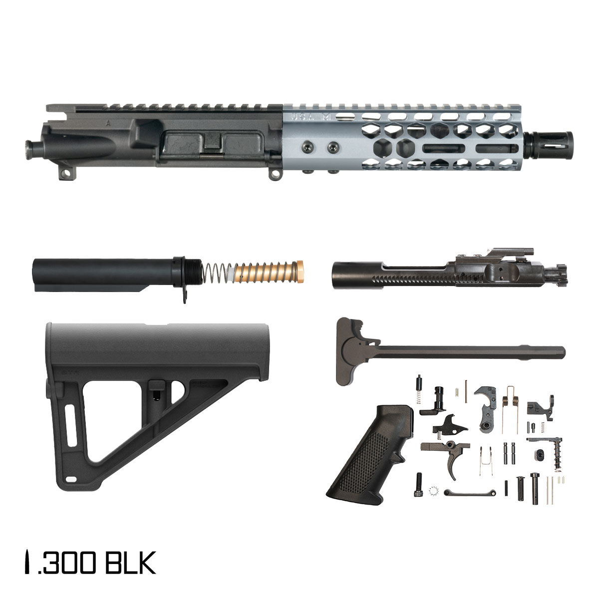 Davidson Defense Lightshow Anodized Grey w/Magpul BTR Brace 7.5-inch Pistol-Gas 1:8 .300 BLK AR-15 Freefloat M-Lok Handguard Pistol Full Build Kit