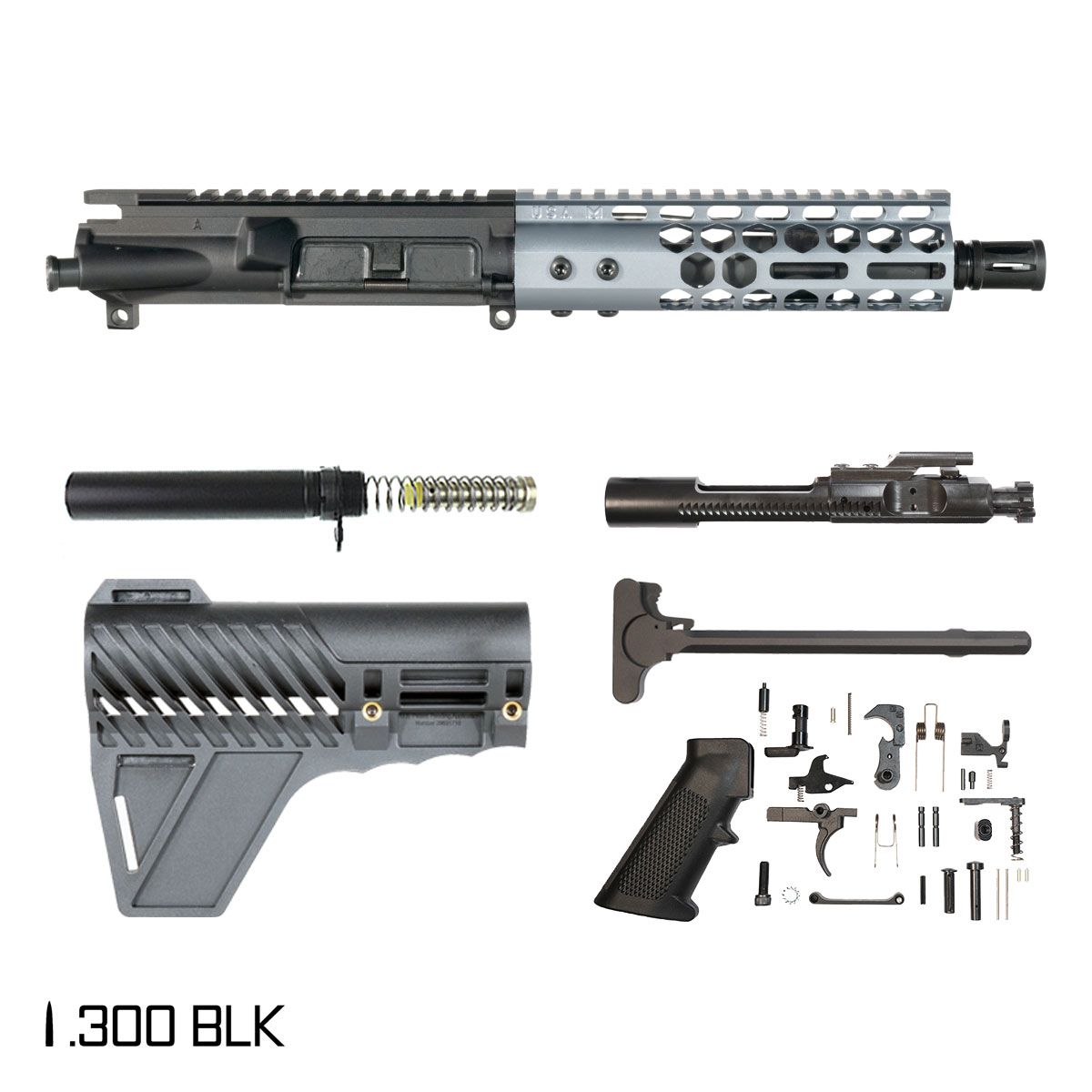 Davidson Defense Lightshow Anodized Grey w/Gauntlet Arms Brace 7.5-inch Pistol-Gas 1:8 .300 BLK AR-15 Freefloat M-Lok Handguard Pistol Full Build Kit