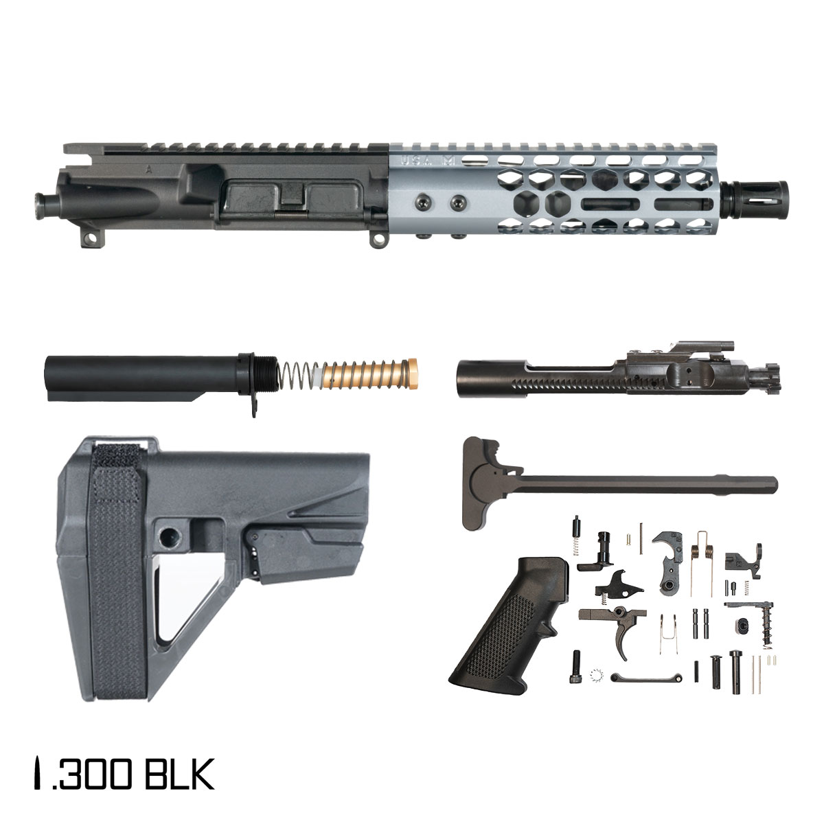 Davidson Defense Lightshow Anodized Grey w/SBA5 Brace 7.5-inch Pistol-Gas 1:8 .300 BLK AR-15 Freefloat M-Lok Handguard Pistol Full Build Kit
