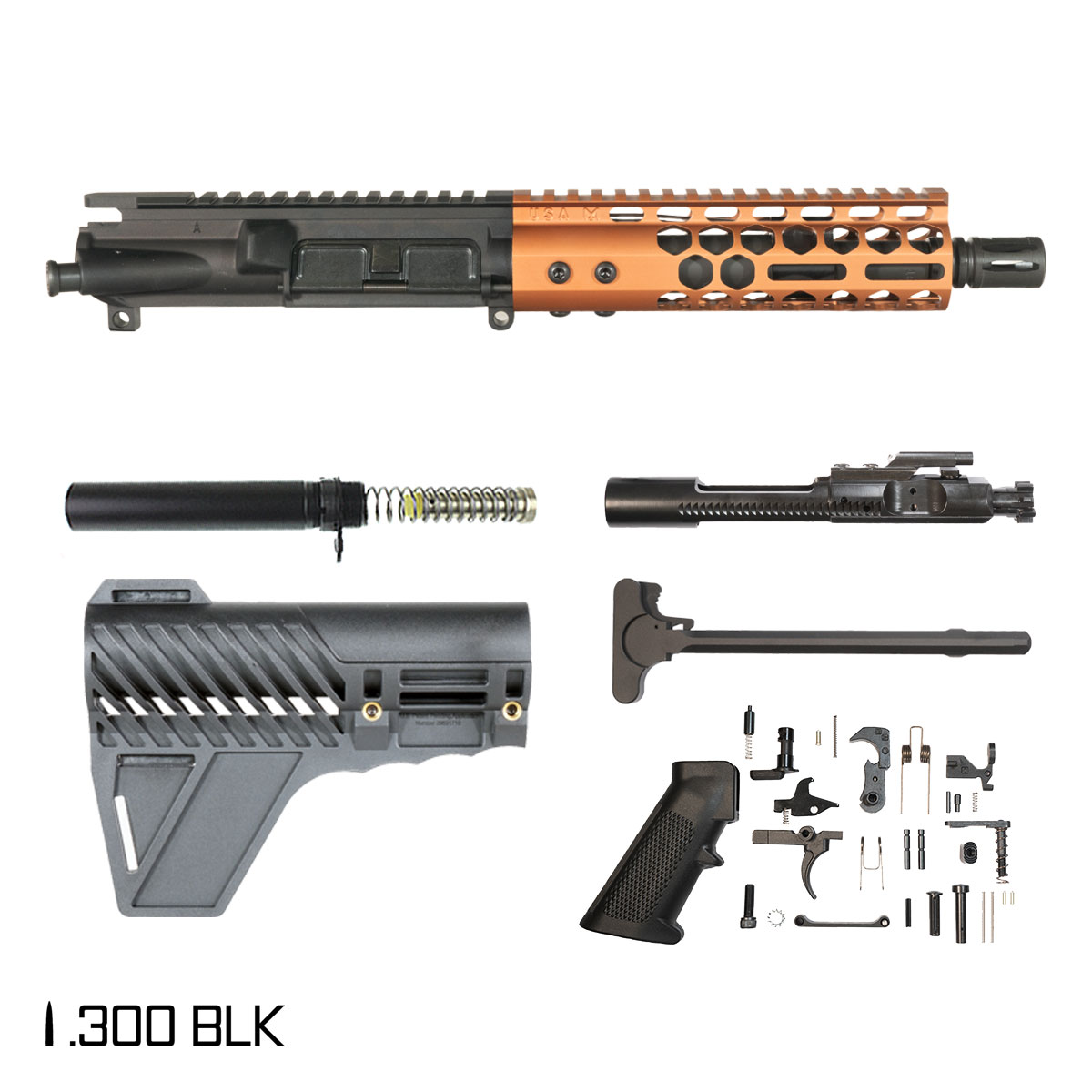 Davidson Defense Lightshow Anodized Bronze w/Gauntlet Arms Brace 7.5-inch Pistol-Gas 1:8 .300 BLK AR-15 Freefloat M-Lok Handguard Pistol Full Build Kit