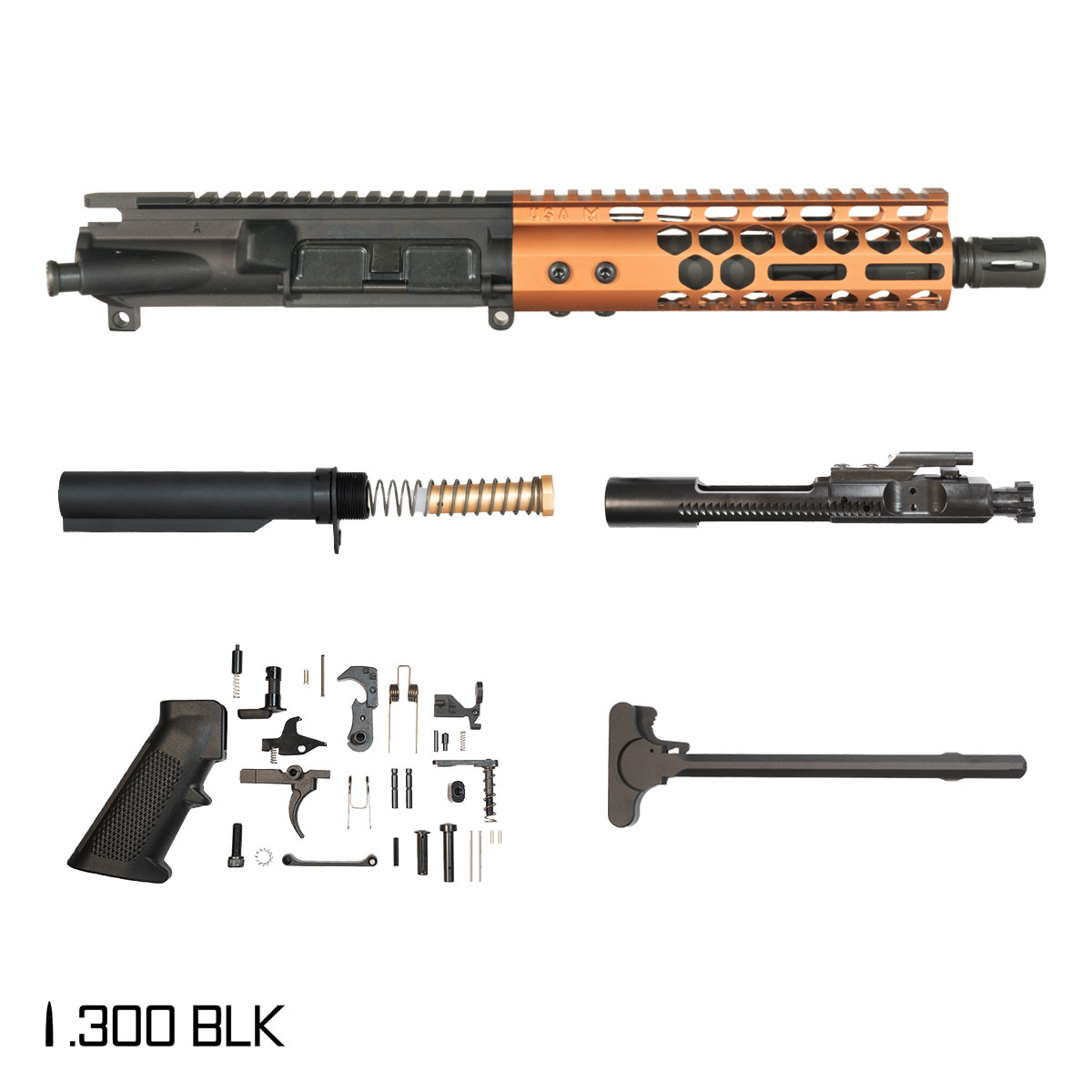 Davidson Defense Lightshow Anodized Bronze 7.5-inch Pistol-Gas 1:8 .300 BLK AR-15 Freefloat M-Lok Handguard Pistol Full Build Kit, SBR Ready