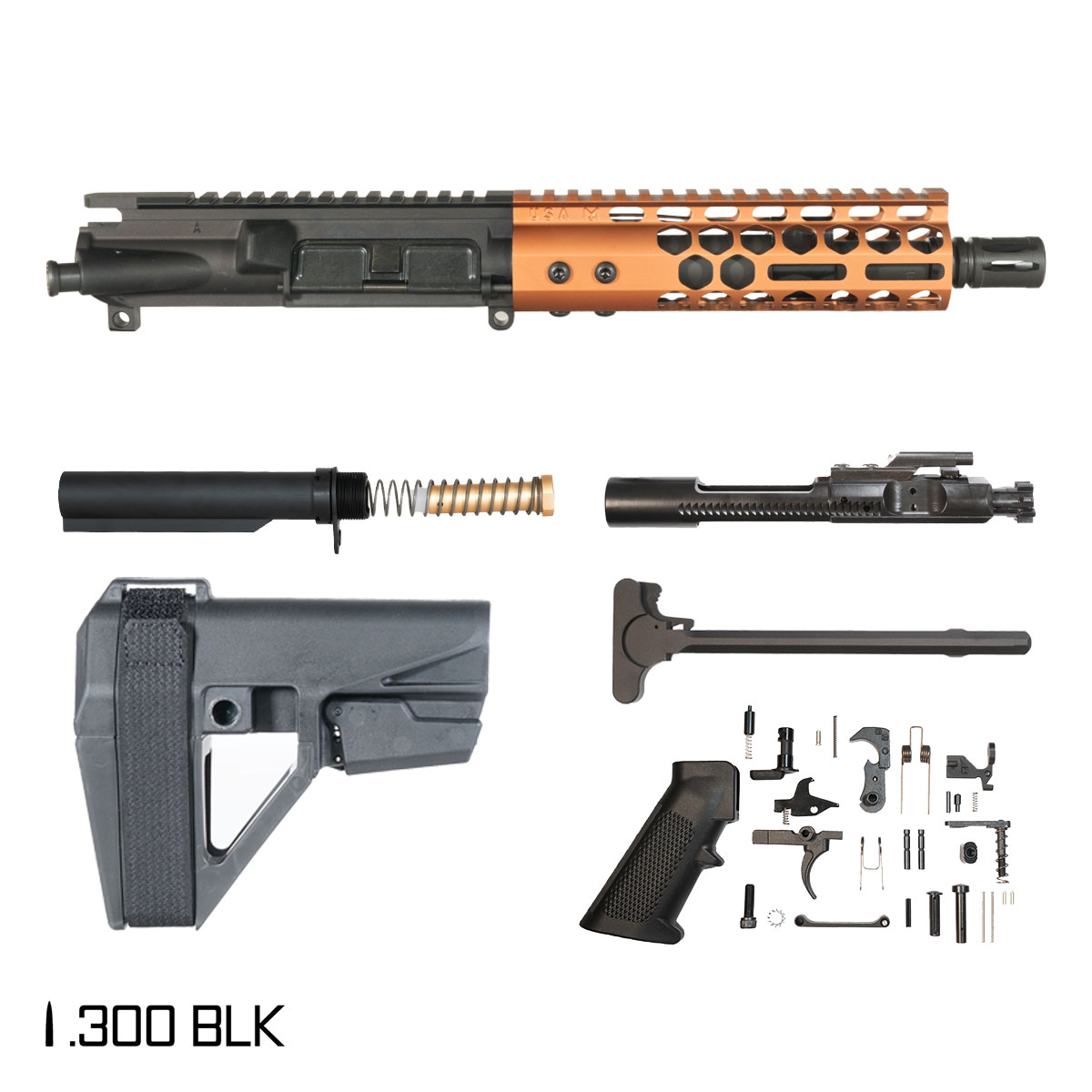 Davidson Defense Lightshow Anodized Bronze w/SBA5 Brace 7.5-inch Pistol-Gas 1:8 .300 BLK AR-15 Freefloat M-Lok Handguard Pistol Full Build Kit