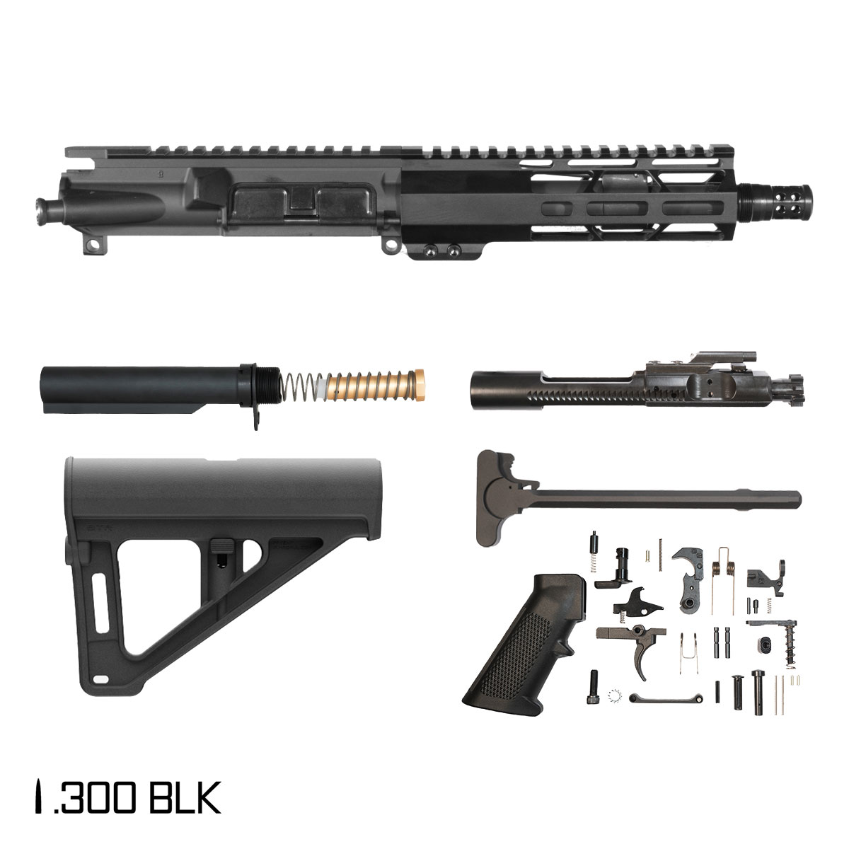 Davidson Defense Silent Guardian w/Magpul BTR Brace 7.5-inch Pistol-Gas 1:8 .300 BLK AR-15 Freefloat M-Lok Handguard Pistol Full Build Kit, Plan B Radial Brake