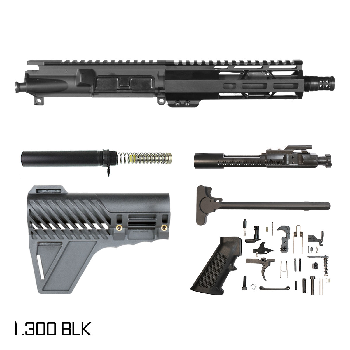 Davidson Defense Silent Guardian w/Gauntlet Arms Brace 7.5-inch Pistol-Gas 1:8 .300 BLK AR-15 Freefloat M-Lok Handguard Pistol Full Build Kit, Plan B Radial Brake