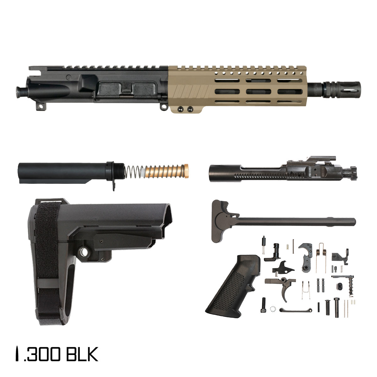 Davidson Defense Desert w/SBA3 Brace 8.5-inch Pistol-Gas 1:8 300 BLK AR-15 M-Lok Pistol Full Build Kit