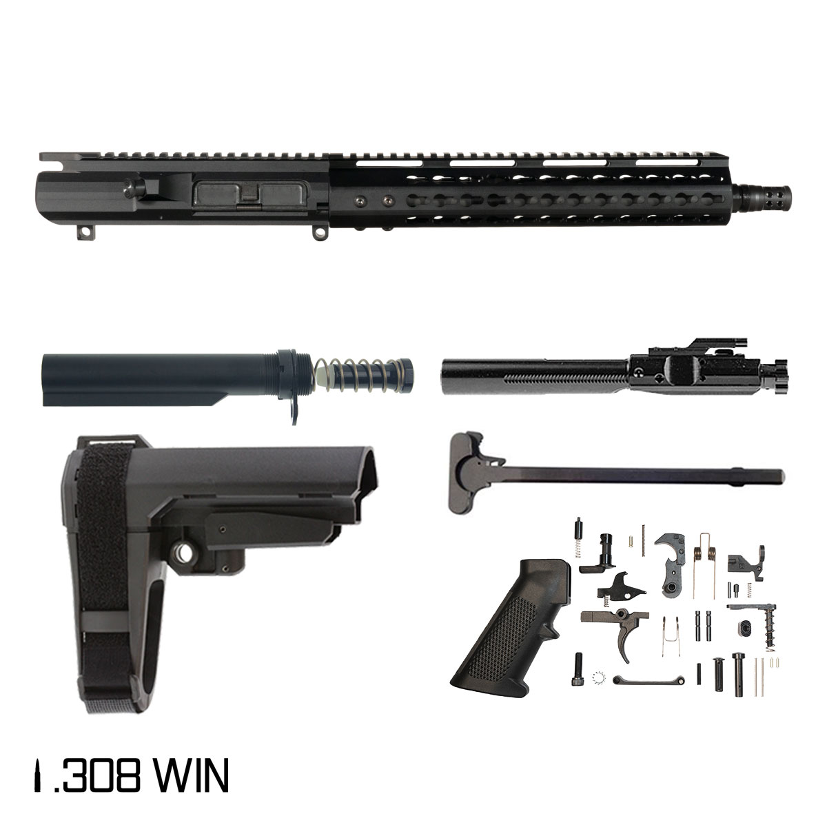 Davidson Defense Warden w/SBA3 Brace 12.5-inch Pistol-Gas 1:10 308 AR-10 Freefloat KeyMod Handguard Pistol Full Build Kit, Plan B Muzzle Radial Hole Brake
