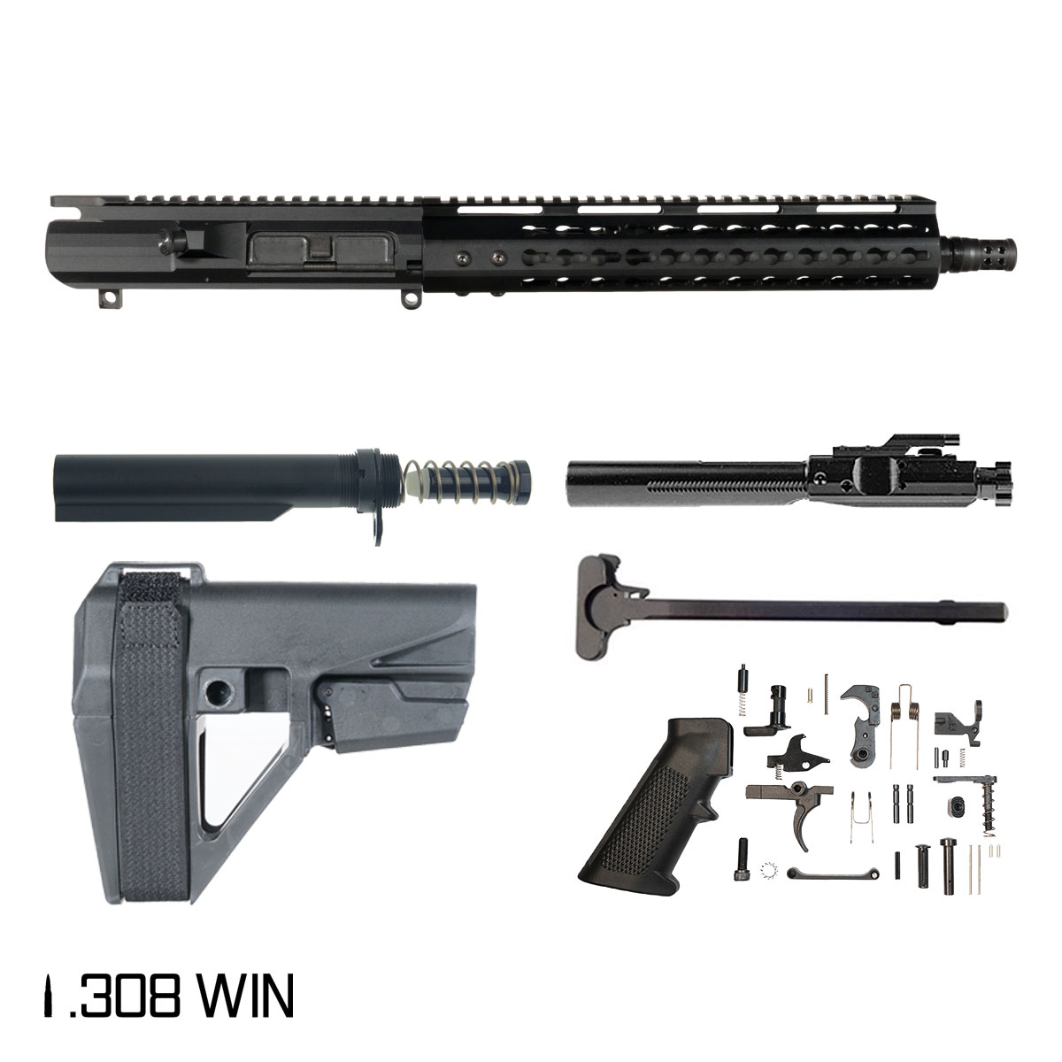 Davidson Defense Warden w/SBA5 Brace 12.5-inch Pistol-Gas 1:10 308 AR-10 Freefloat KeyMod Handguard Pistol Full Build Kit, Plan B Muzzle Radial Hole Brake