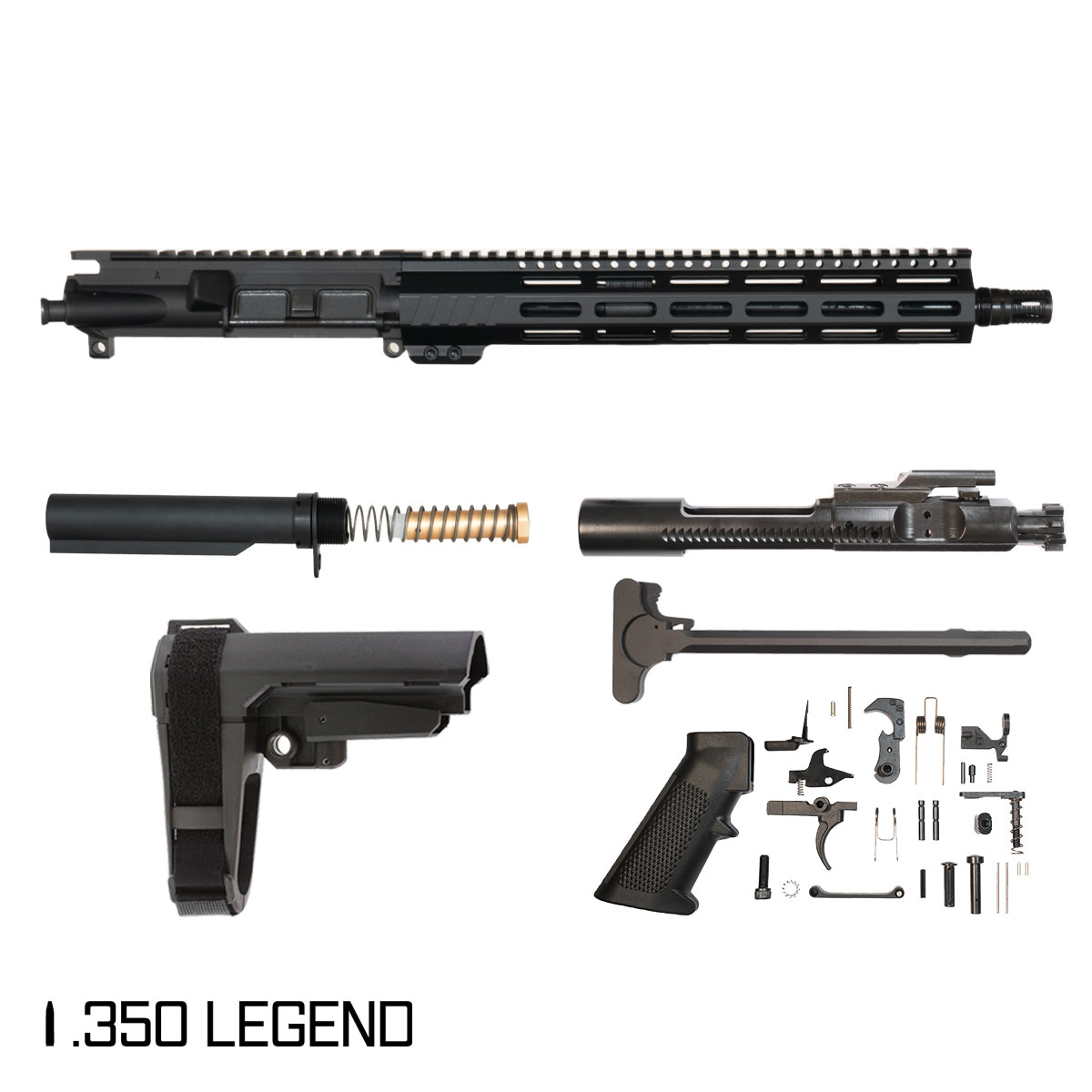 Davidson Defense Aegis w/SBA3 Brace 12.5-inch Pistol-Gas 1:16 .350 Legend AR-15 Freefloat M-Lok Handguard Pistol Full Build Kit, Plan B A7 Flash Hider