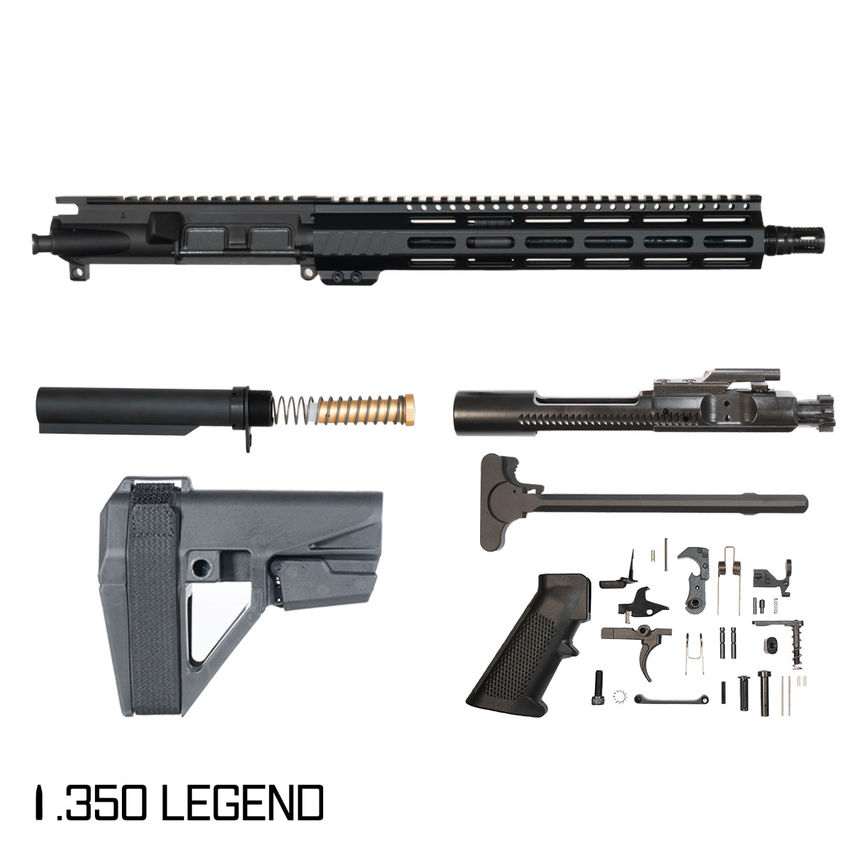 Davidson Defense Aegis w/SBA5 Brace 12.5-inch Pistol-Gas 1:16 .350 Legend AR-15 Freefloat M-Lok Handguard Pistol Full Build Kit, Plan B A7 Flash Hider