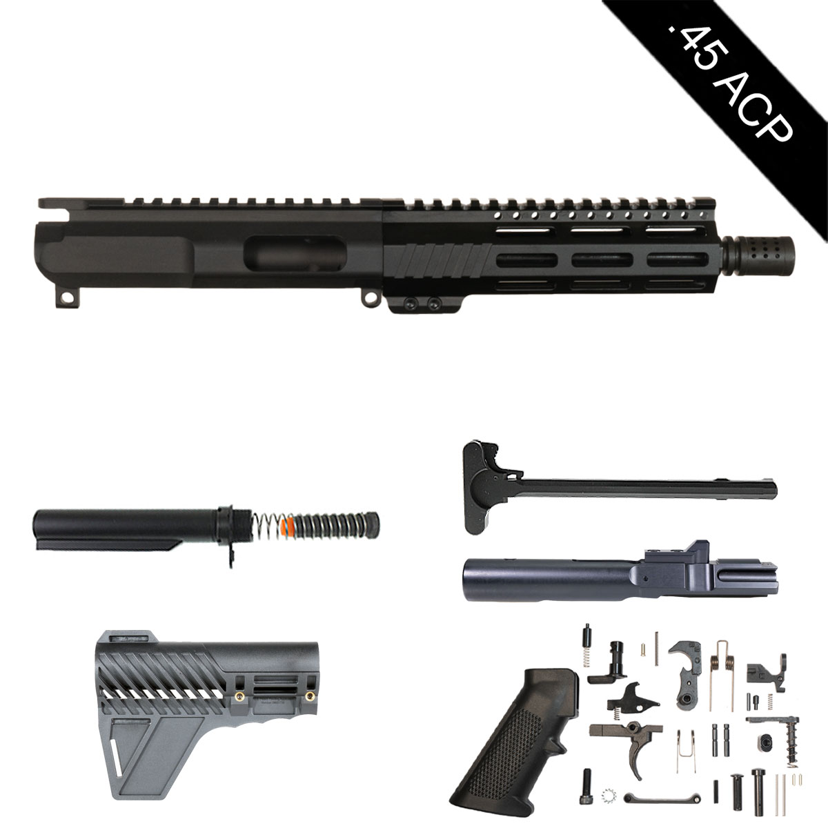 Davidson Defense Brass Collar w/Gauntlet Arms Brace 8-inch AR-15 .45 ACP Pistol Full Build Kit