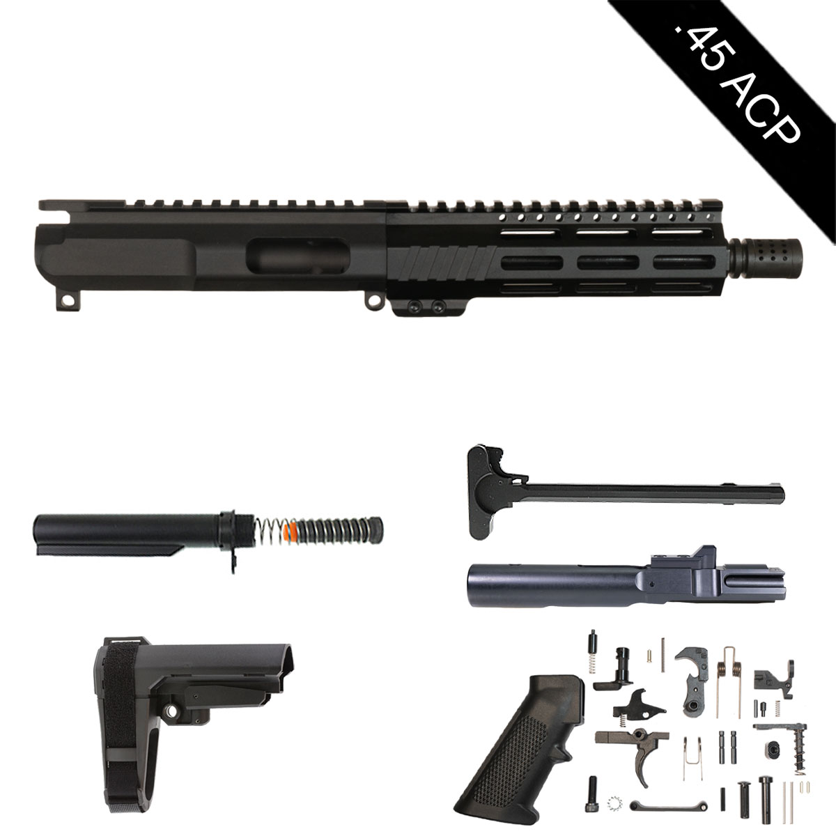 Davidson Defense Brass Collar w/SBA3 Brace 8-inch AR-15 .45 ACP Pistol Full Build Kit