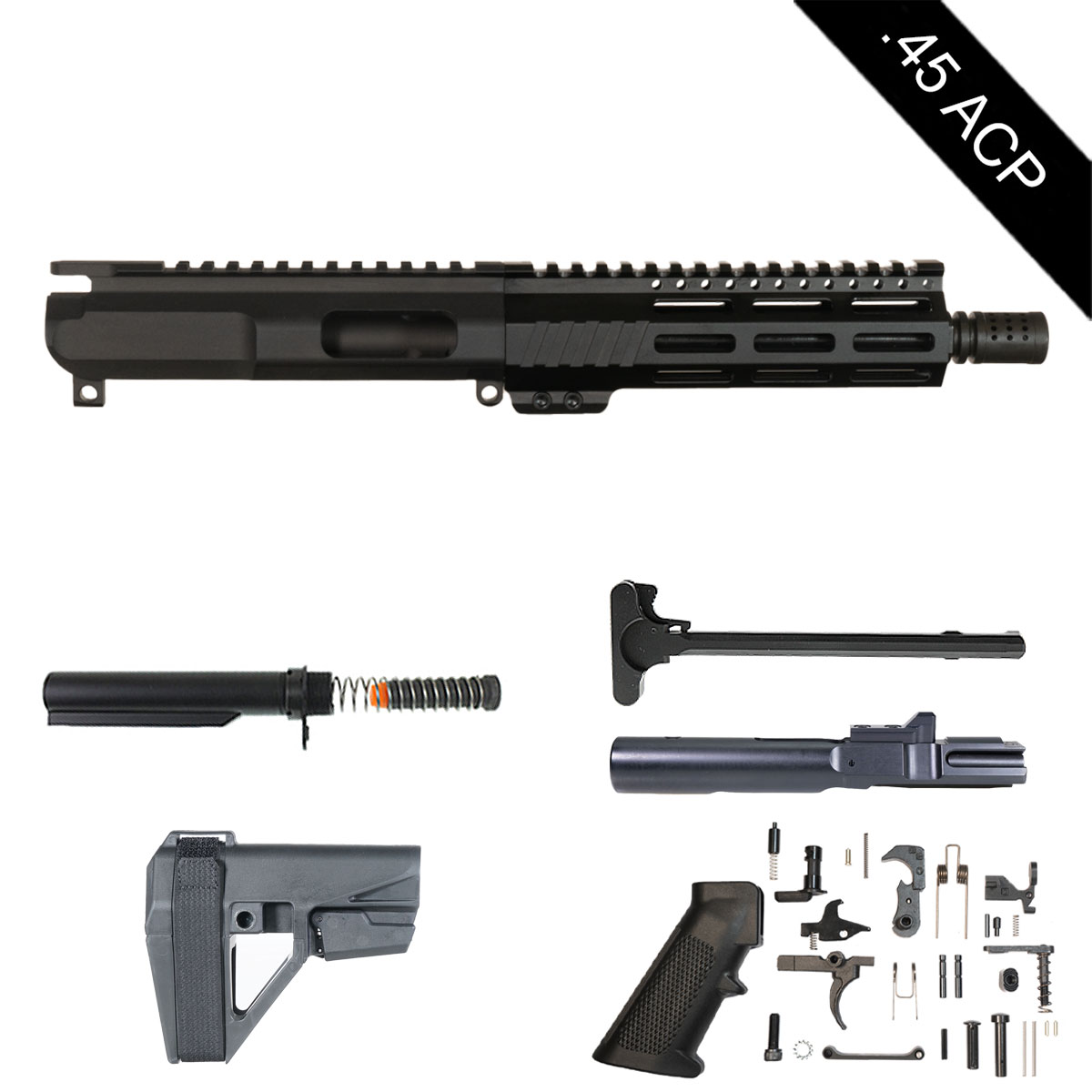 Davidson Defense Brass Collar w/SBA5 Brace 8-inch AR-15 .45 ACP Pistol Full Build Kit
