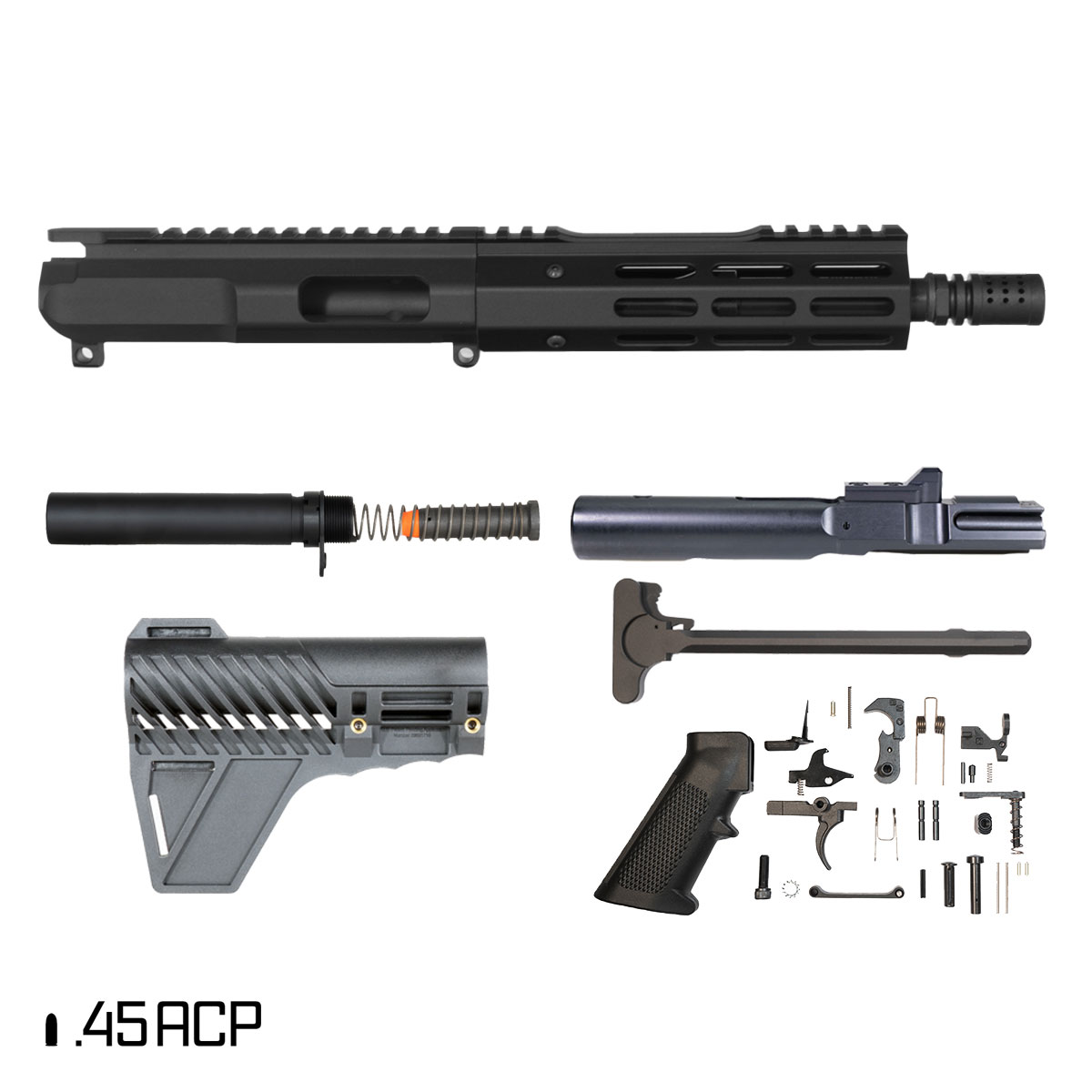 Davidson Defense Librarian’s Key w/Gauntlet Arms Brace 7.5-inch 1:16 .45 ACP AR-15 Freefloat M-Lok Handguard Pistol Full Build Kit