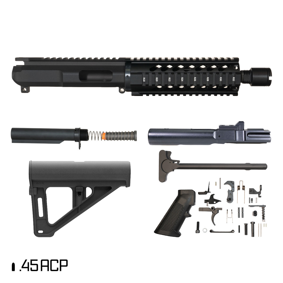 Davidson Defense Last Light w/Magpul BTR Brace 7.5-inch 1:16 .45 ACP AR-15 Freefloat Quad-Rail Handguard Pistol Full Build Kit