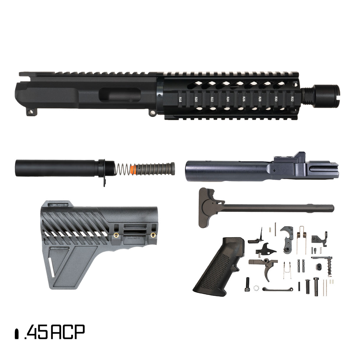 Davidson Defense Last Light w/Gauntlet Arms Brace 7.5-inch 1:16 .45 ACP AR-15 Freefloat Quad-Rail Handguard Pistol Full Build Kit