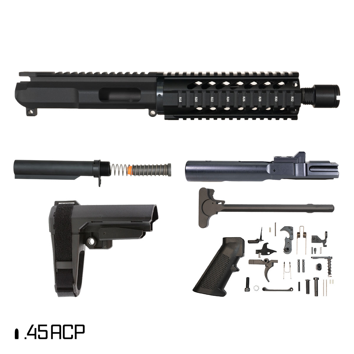 Davidson Defense Last Light w/SBA3 Brace 7.5-inch 1:16 .45 ACP AR-15 Freefloat Quad-Rail Handguard Pistol Full Build Kit