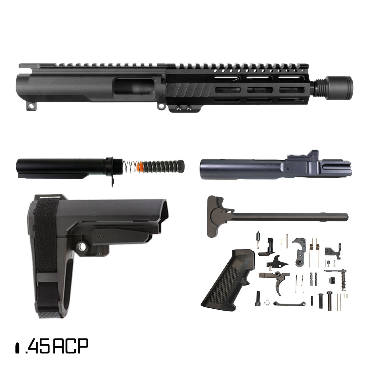 Davidson Defense Silver Vengeance w/SBA3 Brace 7.5-inch 1:16 .45 ACP AR-15 M-Lok Pistol Full Build Kit