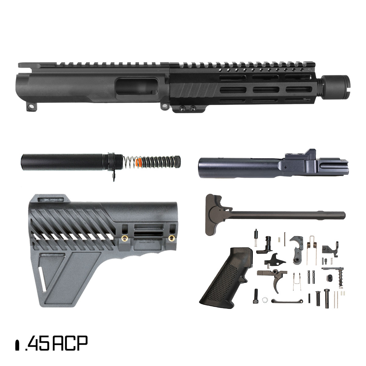 Davidson Defense Short King w/Gauntlet Arms Brace 8-inch 1:16 .45 ACP AR-45 Freefloat M-Lok Handguard Pistol Full Build Kit