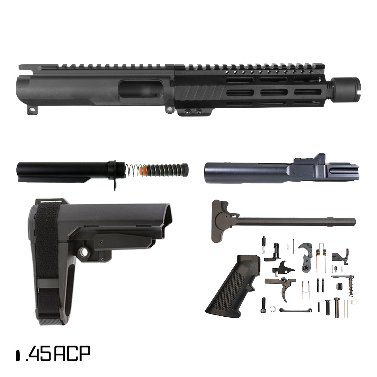 Davidson Defense Short King w/SBA3 Brace 8-inch 1:16 .45 ACP AR-45 Freefloat M-Lok Handguard Pistol Full Build Kit